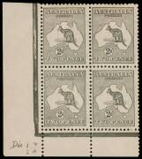 2d Grey (Die 1) lower left corner block of 4, the lower left unit [L55] being the "substituted cliche (Die 2A)" variety; upper pair Mint, lower pair, including the variety MUH. BW:7(1)jb - $7500 (but not priced MUH or in a block). SG.35a - &pound;8000. Extremel