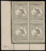 2d Grey (Die 1) lower left corner block of 4, the lower left unit [L55] being the "substituted cliche (Die 2A)" variety; upper pair Mint, lower pair, including the variety MUH. BW:7(1)jb - $7500 (but not priced MUH or in a block). SG.35a - £8000. Extremel