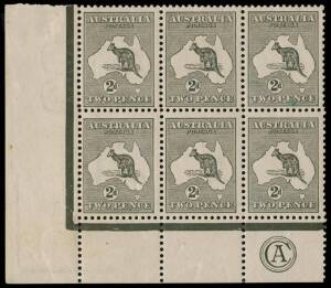 2d Grey (Die 1) CA Monogram corner block of 6 from Plate 2; the bottom strip of 3 superb MUH, the upper strip Mint - the 3rd unit with tiny ink stain below EN of PENCE. BW:7(2)z - $2500 (for a hinged strip of 3).