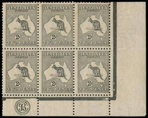 2d Grey (Die 1) JBC Monogram corner block of 6 from Plate 1, MUH/M; the lower strip of 3 all MUH. BW:7(1)zd - $2500 (for a strip of 3).Provenance: Kevin Nelson, 2002.