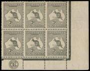 2d Grey (Die 1) JBC Monogram corner block of 6 from Plate 1, MUH/M; the lower strip of 3 all MUH. BW:7(1)zd - $2500 (for a strip of 3).Provenance: Kevin Nelson, 2002.