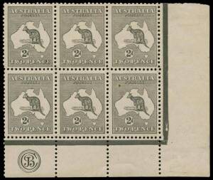 2d Grey (Die 1) JBC Monogram corner block of 6 from Plate 2, MUH/MLH; with variety "Shading break under W of TWO" at R60. A delightful block; one unit with natural paper flaw. BW:7(2)zb - $2500 (for a strip of 3).