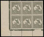 2d Grey (Die 2A) lower left and lower right corner blocks of 6, both showing the location of the excised monograms; fresh MUH. The right hand corner block with varieties "Shading line breaks in upper third of stamp" at R54 and "Inner left frame missing op