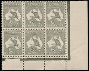 2d Grey (Die 2A) lower left and lower right corner blocks of 6, both showing the location of the excised monograms; fresh MUH. The right hand corner block with varieties "Shading line breaks in upper third of stamp" at R54 and "Inner left frame missing op - 2