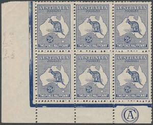 2&frac12;d Indigo, CA Monogram corner block of 6 from Plate 1, the stamps MUH; mounted in left margin. BW:11(1)z - $3250 for strip of 3.