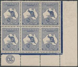 2½d Indigo, JBC Monogram corner block of 6 from Plate 1, MUH/MLH. BW:11(1)zb - $3250 for a strip of 3.