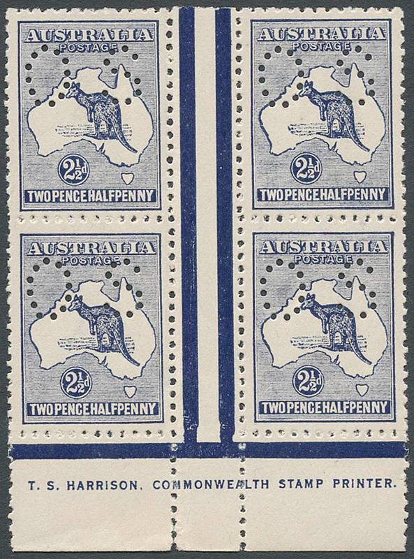 2½d Deep Blue, perforated Small OS, Harrison Imprint block of 4 from Plate 2; MUH. BW:11(2)zd - $3250 but unpriced perf.OS and MUH.