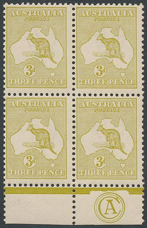 3d Yellow-Olive (Plate 1), CA Monogram block of 4, all units Die 2 MLH. BW:13(1)za - $2250 for a single.