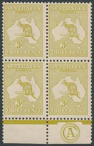 3d Yellow-Olive (Plate 1), CA Monogram block of 4, all units Die 2 MLH. BW:13(1)za - $2250 for a single.