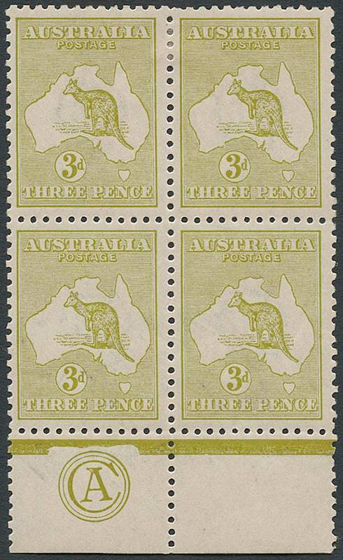 3d Olive-Green (Plate 1) CA Monogram block of 4, 3 units being Die 2, MUH/MLH. BW:13(1)za - $2250 for a single.