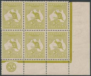 3d Olive-Green (Plate 1) JBC Monogram corner block of 6 with varieties "Break in top from over ST of AUST" and "White flaws under CE of PENCE"; MUH. BW:13(1)zb - $4000 for a Mint strip of 3.