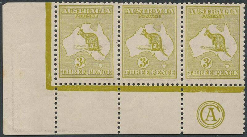 3d Olive-Green (Plate 2) CA Monogram corner strip of 3, MLH. BW:13(2)z - $3500.