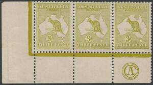 3d Olive-Green (Plate 2) CA Monogram corner strip of 3, MLH. BW:13(2)z - $3500.