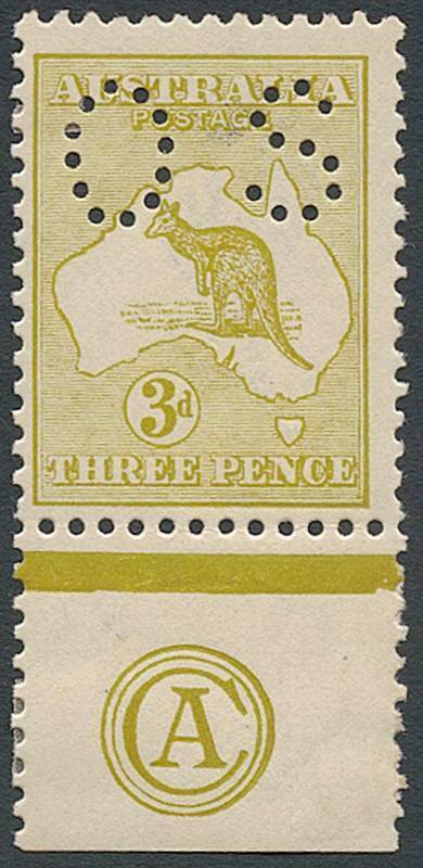 3d Olive (Plate 2) CA Monogram single perforated Small OS, Mint. BW:13(2)za - $1250 - but not priced perf.OS.