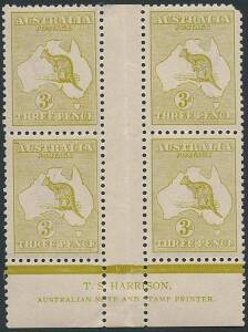 3d Yellow-Olive (Die 1) Harrison two-line Imprint block of 4 M/MUH; upper right perforation pulled. BW:13(1)zd - $4000.