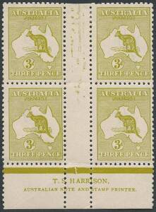 3d Olive-Green (Plate 1) Harrison Imprint block of 4, MUH/MLH; one unit with gum bend. BW:13(1)zd - $4000+.