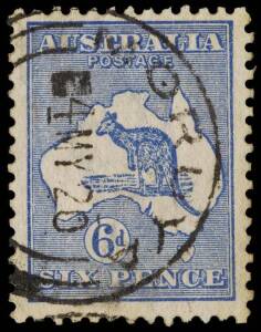 6d Bright Blue, FU single with variety "Bite out of kangaroo's left leg - State II" with MORUYA May 1920 cds well clear of the variety. BW:19(2)da - $2250.