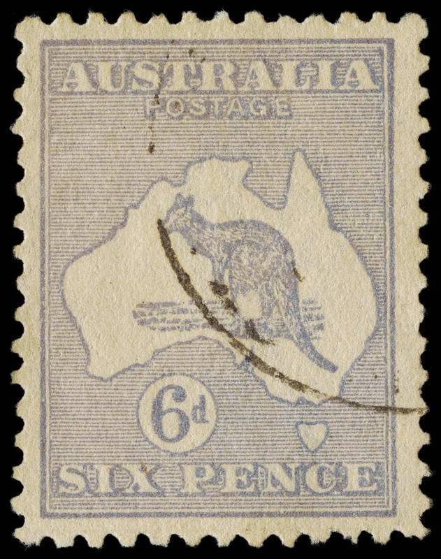 6d Dull Grey-Blue, FU single with variety "Bite out of kangaroo's left leg - State II", the light partial cds leaving the variety clear. BW:19(2)da - $2250 (but not priced in this scarce shade).