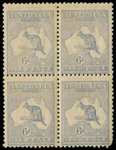 6d Pale Ultramarine (Die 2B), Mint block of 4, the upper right unit with "Broken leg on kangaroo" variety. The lower right (non-variety) unit with rounded corner. BW:20(3)d - $2750+. SG.38da - £2250.