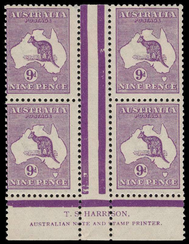 9d Violet (Die 2B), Harrison two-line Imprint block of 4 from the upper plate, fresh MUH/MLH. BW:27(3)zb - $1750.