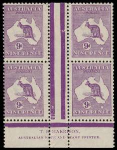 9d Violet (Die 2B), Harrison two-line Imprint block of 4 from the upper plate, fresh MUH/MLH. BW:27(3)zb - $1750.