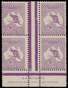 9d Violet (Die 2B) Mullett Imprint block of 4 from the upper plate, MLH/MUH. BW:27(3)zd - $1100.