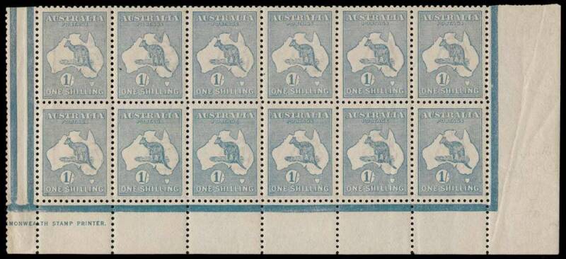 1/- Bright Blue-Green (Die 2), lower right corner block of 12 with inverted watermark and part Harrison one-line Imprint. MUH and UNIQUE. An Exhibition piece. BW:32Ba - $5400 (but not priced MUH, nor with part imprint).NB: Only two examples of the complet
