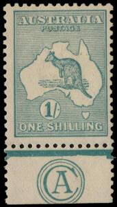 1/- Blue-Green (Die 2), CA Monogram single from Plate 1, fine and fresh MLH. BW:32(1)za - $3250.The very similar CA Monogram single in the "Fordwater" Collection sold for £1100 + commission, Nov. 2011.