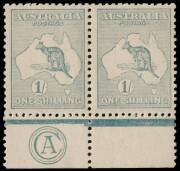 1/- Sea-Green (dry ink) (Die 2), CA Monogram pair from Plate 1; the stamps MUH; lightly mounted in the margin. A very rare shade. BW:32Fza+ - $3250+ (not priced in this rare shade, nor as a pair.) With Ceremuga Certificate [2012].Provenance: Arthur Gray,