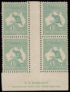 1/- Blue-Green (Die 2B) Harrison two-line Imprint block of 4 from Plate 4 with "stop after PRINTER.", very fine and fresh MLH/MUH. BW:33(4)z - $2250.