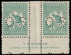 1/- Blue-Green (Die 2B) Harrison two-line Imprint pairs from Plates 3 & 4, both perforated Small OS. MUH/MLH. BW:33(3)za & 33(4)za - $1500 (bot not priced perforated OS).