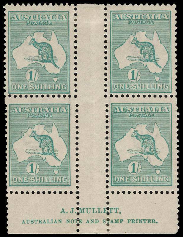 1/- Blue-Green (Die 2B) Mullett Imprint block of 4 from Plate 3, fine MUH/Mint. BW:33(3)zb - $1750.