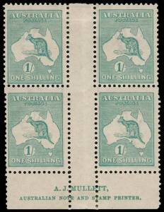 1/- Blue-Green (Die 2B) Mullett Imprint block of 4 from Plate 3, fine MUH/Mint. BW:33(3)zb - $1750.