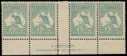 1/- Blue-Green (Die 2B) Mullett Imprint strip of 4 from Plate 3, fine Mint, with variety "Vertical white scratch off W.A. coast" at L59. BW:33(3)zc+f - $800.