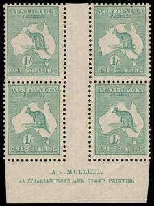 1/- Blue-Green (Die 2B) Mullett Imprint block of 4 from Plate 4, fine MUH/MLH. BW:33(4)zd - $1750.