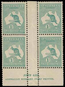 1/- Blue-Green (Die 2B) Ash Imprint [N over N] block of 4 from Plate 3, very fine and fresh MUH/MLH. BW:33(3)zd - $1000.