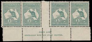 1/- Blue-Green (Die 2B) Ash Imprint strip of 4 from Plate 3, fine MUM/MLH, with variety "Vertical white scratch off W.A. coast" at L59 and showing dramatically misaligned perforations in lower margin. BW:33(3)ze+f++ - $750+.