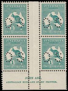 1/- Blue-Green (Die 2B) Ash Imprint [N over N] block of 4 from Plate 3, perforated Small OS; very fine and fresh MUH/MLH. BW:33(3)zd - $1000 (but not priced perforated OS).