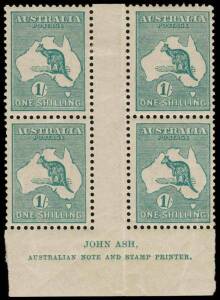 1/- Blue-Green (Die 2B) Ash Imprint [N over A] block of 4 from Plate 4, very fine and fresh MUH/MLH; light gum bend to lower right unit. BW:33(4)zf - $1000.