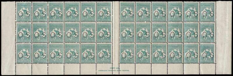 1/- Bright Blue-Green (Die 2B), perforated OS, complete lower block of 36 from Plate 3 with Ash Imprint [N over N] and varieties "Vertical white scratch off W.A. coast" at L59, "Broken value circle" at L52 & L58 and "Break in northern coast of Tasmania" a