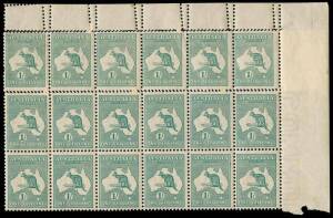 1/- Blue-Green (Die 2B) upper right corner block of 18 from the right pane, MUH/Mint; the top row patched-in by Post Office Officials to repair the top row weakened or damaged by doubled perforations. A most attractive block which actually proves the loca