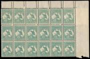 1/- Blue-Green (Die 2B) upper right corner block of 18 from the right pane, MUH/Mint; the top row patched-in by Post Office Officials to repair the top row weakened or damaged by doubled perforations. A most attractive block which actually proves the loca