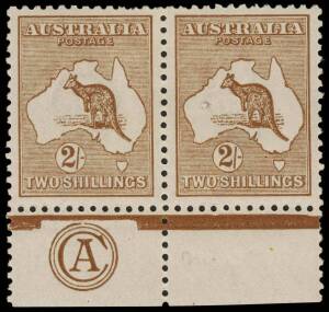 2/- Brown, CA Monogram pair from Plate 1, MLH. Only 6 CA Monogram pieces are recorded from Plate 1, this being one of only two pairs. [The other pair sold for US$10,000 + comm in the Arthur Gray sale, Feb.2007]. There are 3 mint singles (one in the Austra