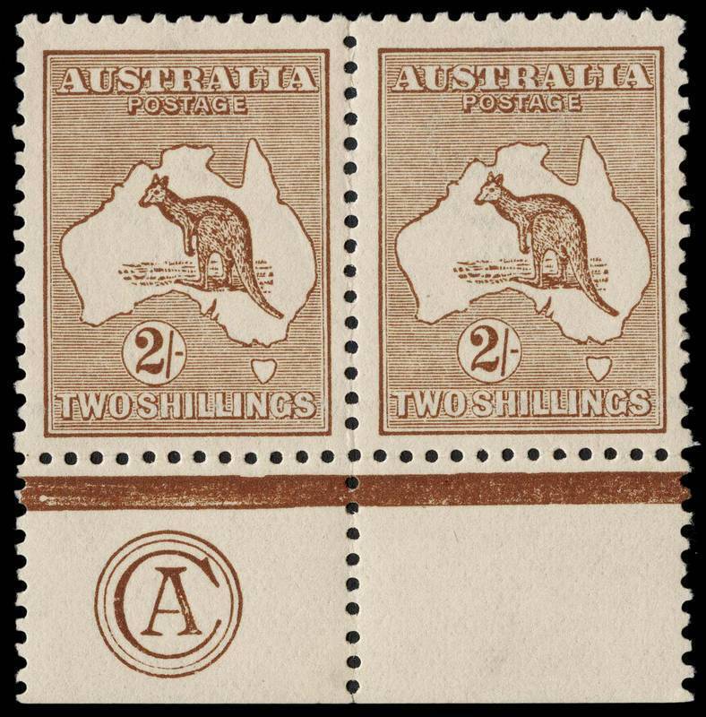 2/- Brown, CA Monogram pair from Plate 2, Mint. BW:37(2)za+ - $15,000 (for a single). Only five CA Monogram pieces are recorded from Plate 2 - a mint block of 4, the present pair, 2 Mint singles, of which one is in the Royal Collection and a Used single.