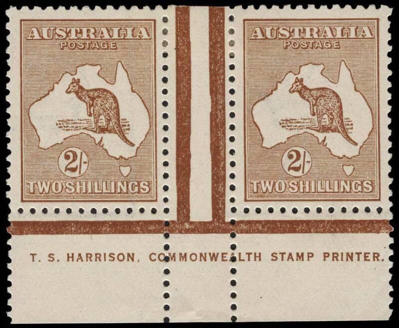 2/- Brown, Harrison One-Line Imprint pair, superbly centred and fresh Mint. BW:37ze - $20,000. The only Harrison One-Line Imprint block of 4 recorded is in the Royal Collection. Imprint pairs are extremely scarce. The One-Line Imprint pair in the Cornwall