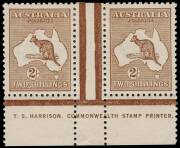 2/- Brown, Harrison One-Line Imprint pair, superbly centred and fresh Mint. BW:37ze - $20,000. The only Harrison One-Line Imprint block of 4 recorded is in the Royal Collection. Imprint pairs are extremely scarce. The One-Line Imprint pair in the Cornwall