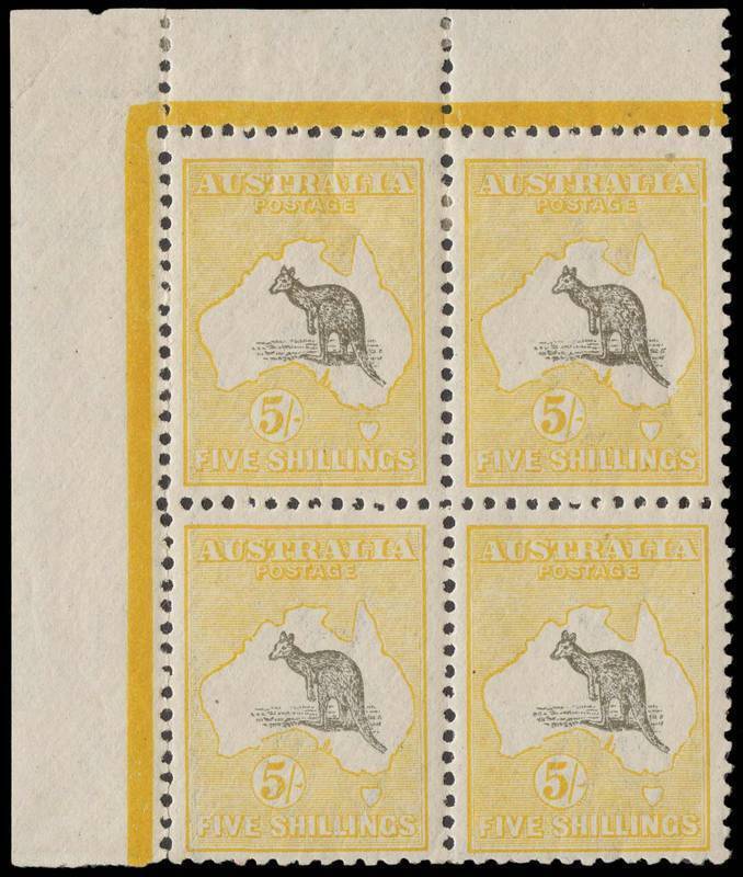 5/- Grey-Black & Chrome, upper left corner block of 4 with inverted watermark, 2 MUH, 2 Mint. With L2 variety "Broken coast near Sydney and break in right frame 3.5mm from top". Well centred & fresh. A particularly scarce multiple with inverted watermark.