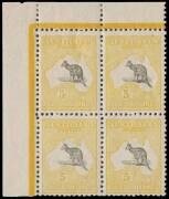 5/- Grey-Black & Chrome, upper left corner block of 4 with inverted watermark, 2 MUH, 2 Mint. With L2 variety "Broken coast near Sydney and break in right frame 3.5mm from top". Well centred & fresh. A particularly scarce multiple with inverted watermark.