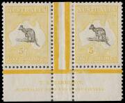 5/- Grey & Pale Yellow, watermark inverted, Harrison two-line Imprint pair with R55 showing the "White flaw off N.S.W. Coast" variety. Fine Mint. This is the only recorded Harrison Imprint pair with the inverted watermark error. An exceptional piece and a