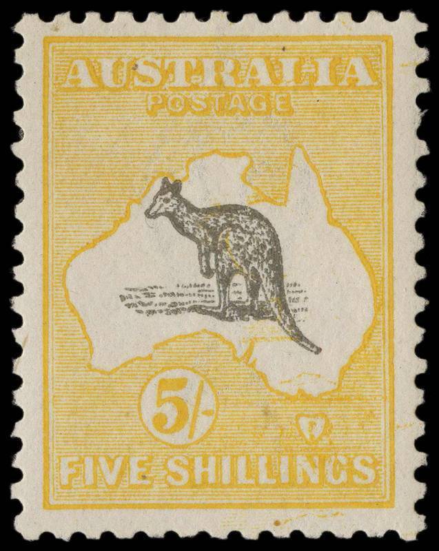 5/- Grey-Black & Chrome, a fine MLH single with the variety "Doubly printed frame plate". The second impression of the frame plate is most evident within the map in the area of South Australia and Victoria, but it can also be clearly seen in the upper rig